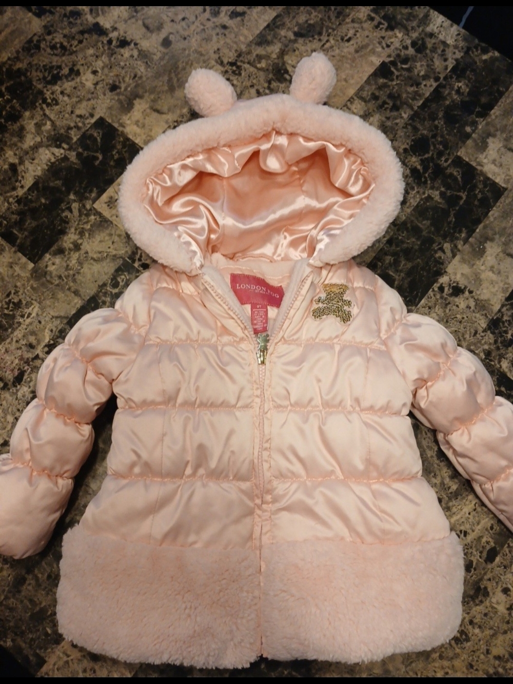London Fog Girls Toddler Pink Puffer Coat with Faux Fur Trim